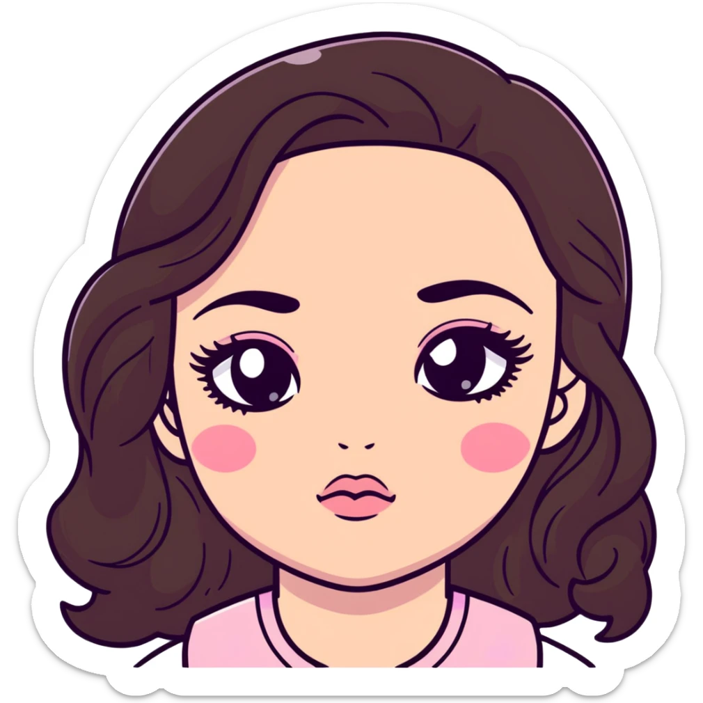 girl with light wheatish skin, dark brown long wavy hair, pouty shiny lips with berry lip gloss, large eyes with eyelashes, pink blush on cheeks, inner eye highlighted with white eyeliner, button nose sticker
