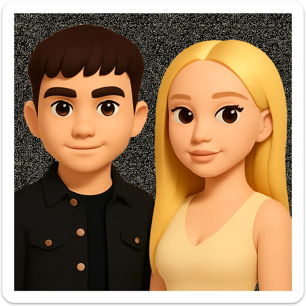 Slightly increase the volume of the upper body of the girl, separate the girl and the boy from each other, make the skin color the same for both characters, keep the cartoon style as in the reference image. sticker