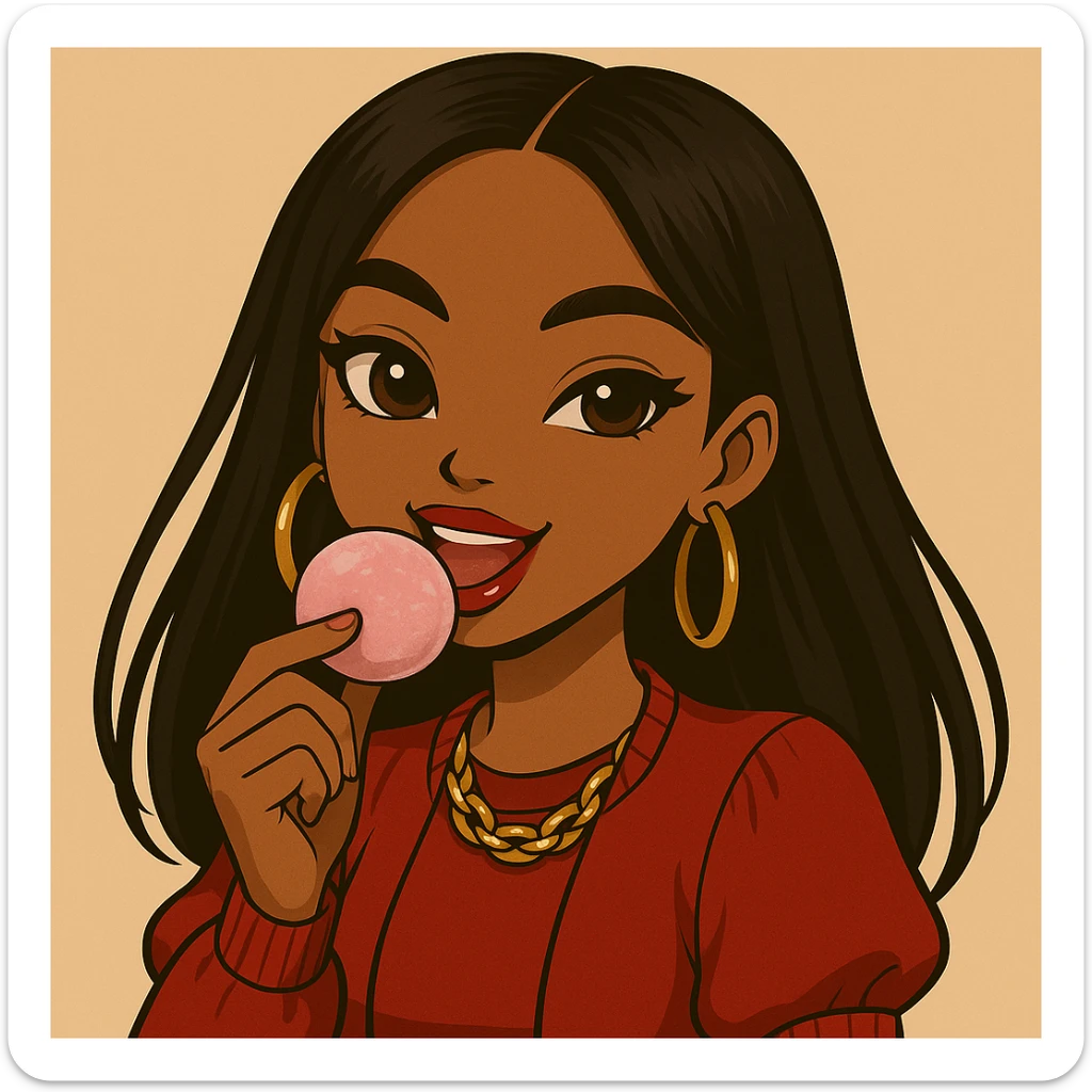 Change the pose to eating pink mochi ice cream, headshot only, 20-year-old anime Bratz style woman with dark skin, straight hair, brown eyes, red shirt, trendy outfit, glossy lips, no hat, no tears, happy expression, both eyes open, looking straight ahead. sticker