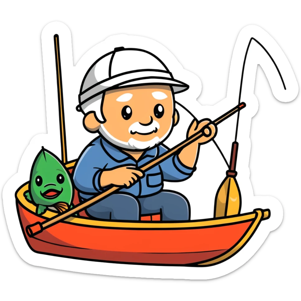 elderly fisherman sitting in boat with fishing rod sticker