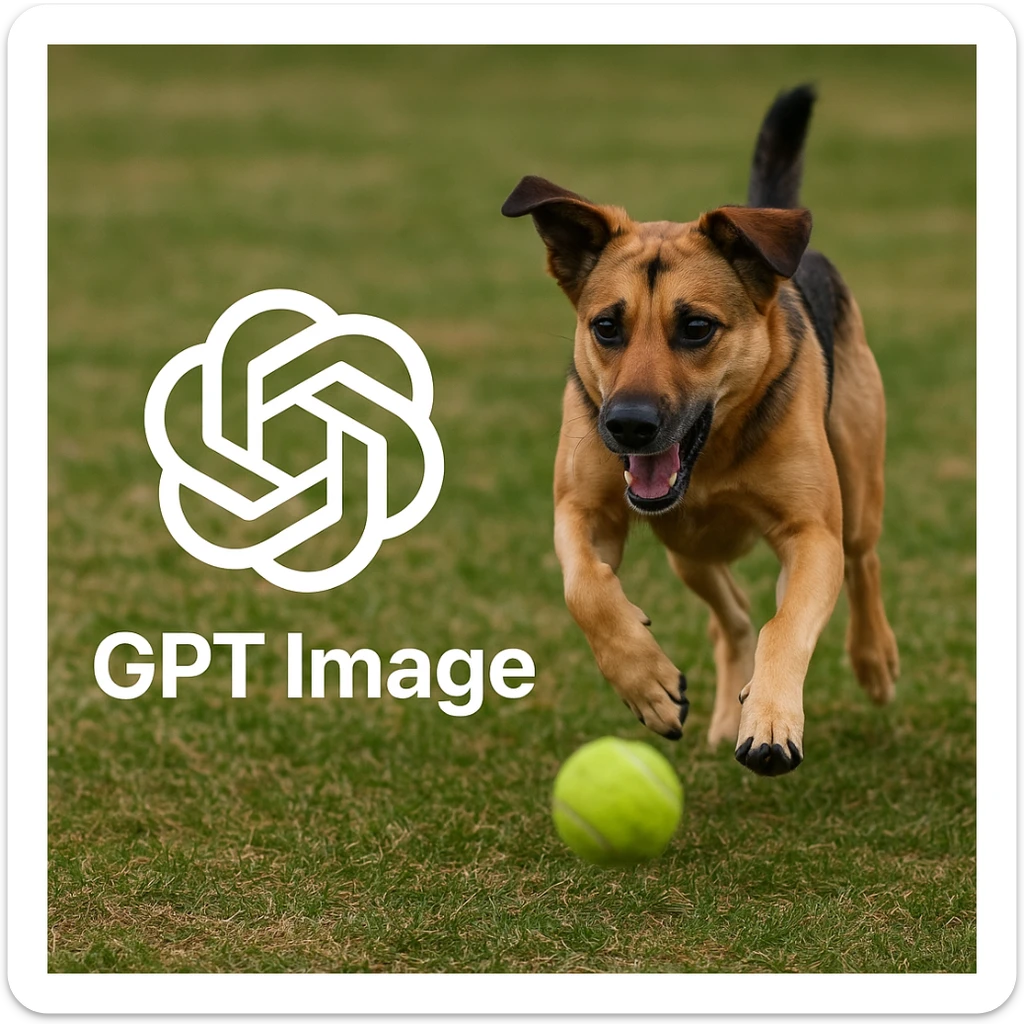 logo of chat gpt with text "GPT Image" on the background of a dog chasing ball, realistic image sticker