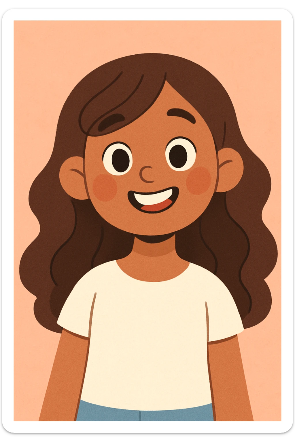 young girl with light brown skin, long brown wavy hair, white top, smiling, soft cartoon style sticker