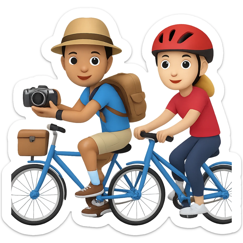 Add another biker next to the tourist in the style of emoji (apple style emojis). Keep the emoji style and no background. sticker