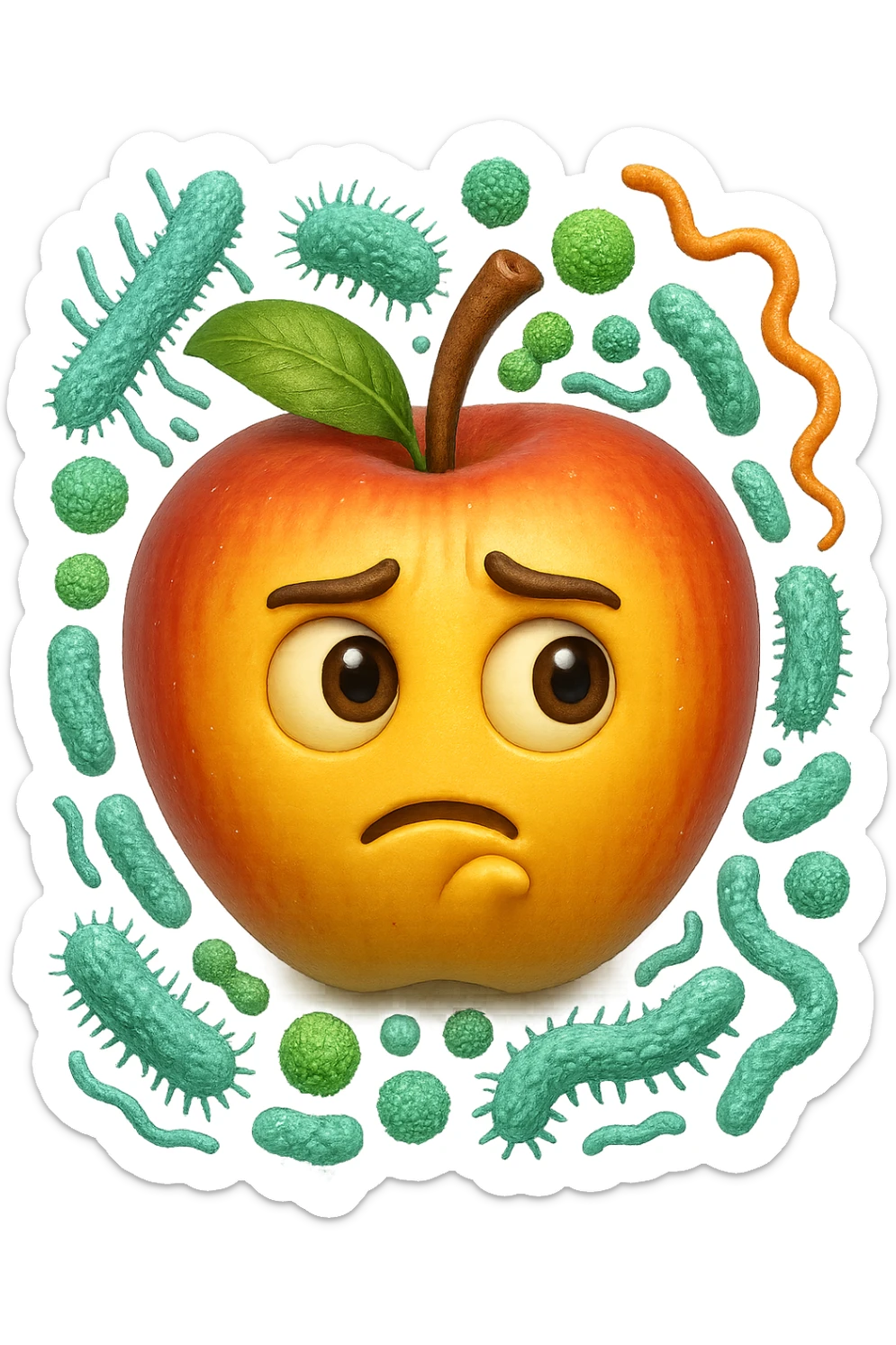EMOJI STILE IPHONE DI una mela con espressione dubbiosa che intorno ha dei batteri intestinali, IPERREALISTICO 4K sticker