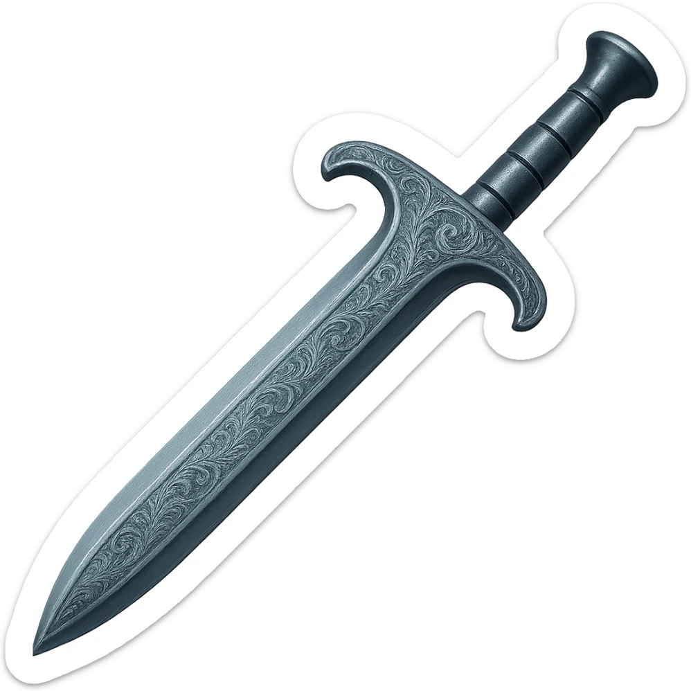 Recolor this weapon to match the blueish-gray steel color and ornate engravings of the reference helmet. Emphasize the cool metallic finish and detailed engravings, matching the helmet exactly. Transparent background. The style should reflect a cool metallic look with detailed engravings as seen in the helmet reference. sticker