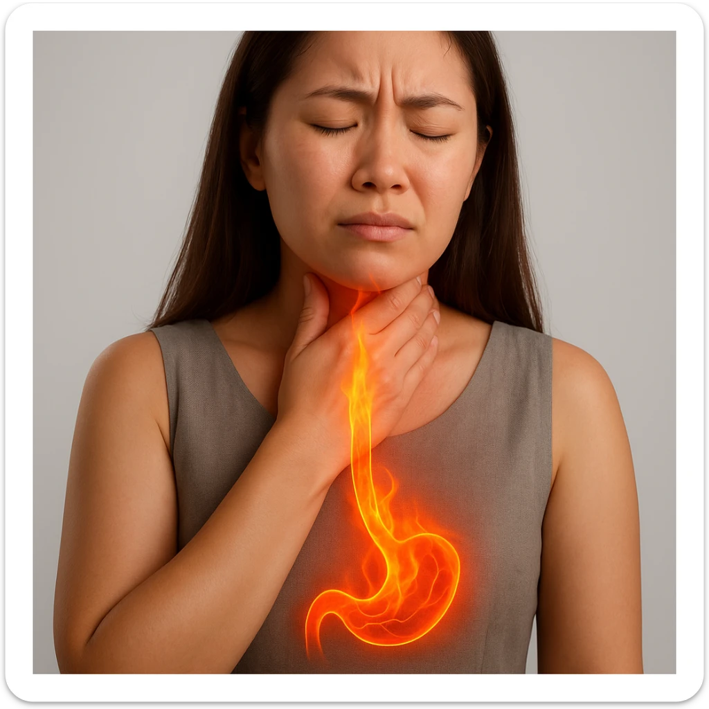 Realistic medical style image of a woman identical to the reference photo, hand on throat, expression of pain, with a flame or reddish effect rising from the stomach to the esophagus. sticker