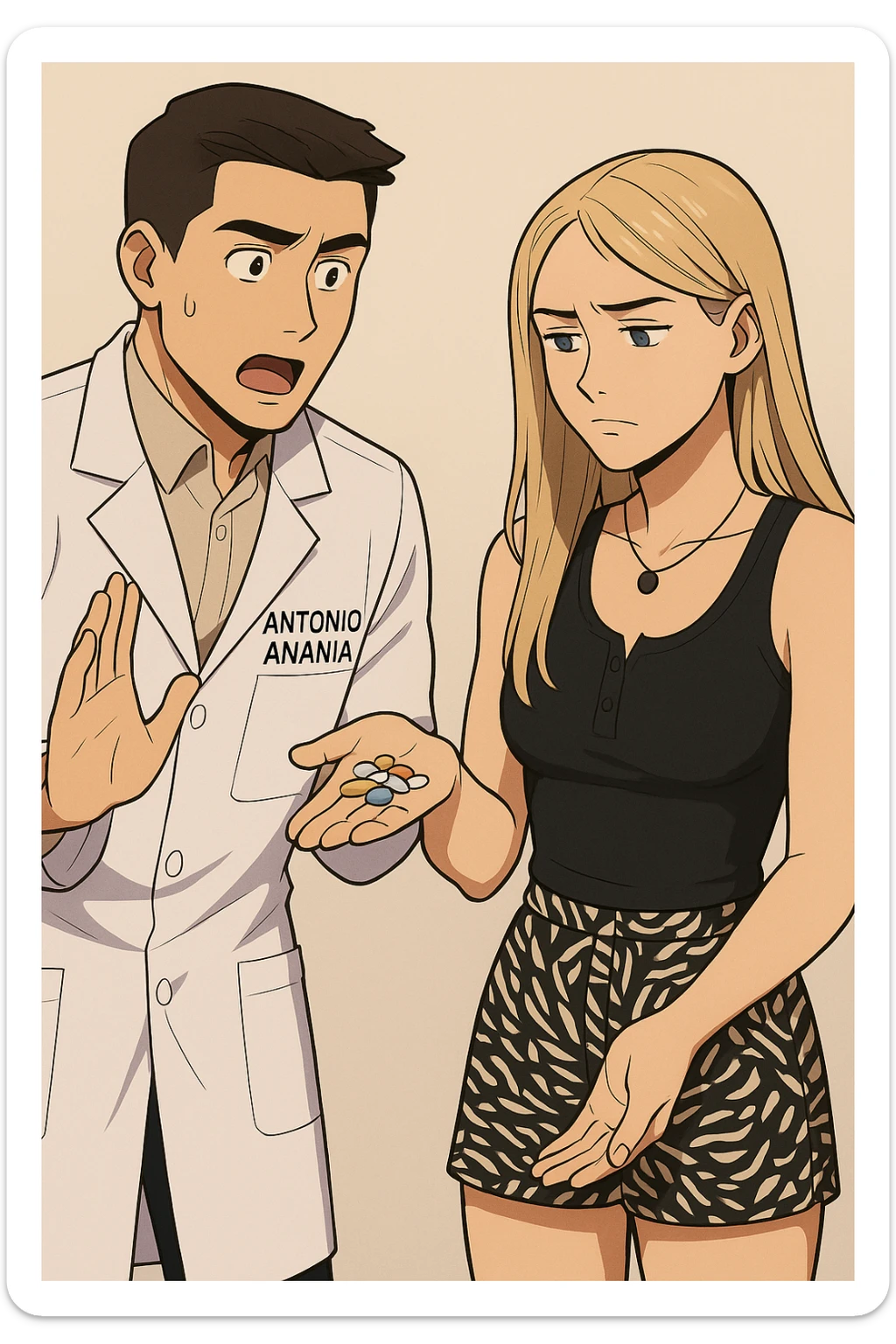 fai un webtoon/manga a colori con questo kinesiologo in camice bianco (fagli la scritta "ANTONIO ANANIA" SUL CAMICE) CHE PARLA CON QUESTA RAGAZZA. LA RAGAZZA HA UN PUGNO DI INTEGRATORI IN MANO (TANTE PILLOLE DIVERSE) E LE GUARDA DUBBIOSA. IL KINESIOLOGO CON IL CAMICE BIANCO LE DOMANDA UNA COSA SCIOCCATO. NON FARE I FUMETTI, FAI SOLO LORO COME SE DIALOGASSERO sticker