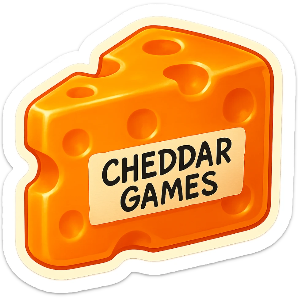 Brighten the tape on the side of the clear, translucent orange block of cheddar cheese (with Swiss cheese holes) so it is closer to white or a very light tan. Keep the hyper-detailed, retro, 90's toy plastic texture, soft reflections, and gummy-like translucency. The tape should still have 'CHEDDAR GAMES' written in a sharp, messy style. No background, preserve the glowing, appealing, high-quality look. sticker