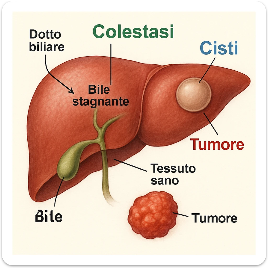 Realistic and detailed medical illustration of a liver with Italian text inside the image. Highlight "Colestasi" in green, "Cisti" in blue, "Tumore" in red, and add informative labels such as "Dotto biliare", "Bile stagnante", and "Tessuto sano". The style should be realistic, detailed, and informative, resembling a medical illustration. sticker
