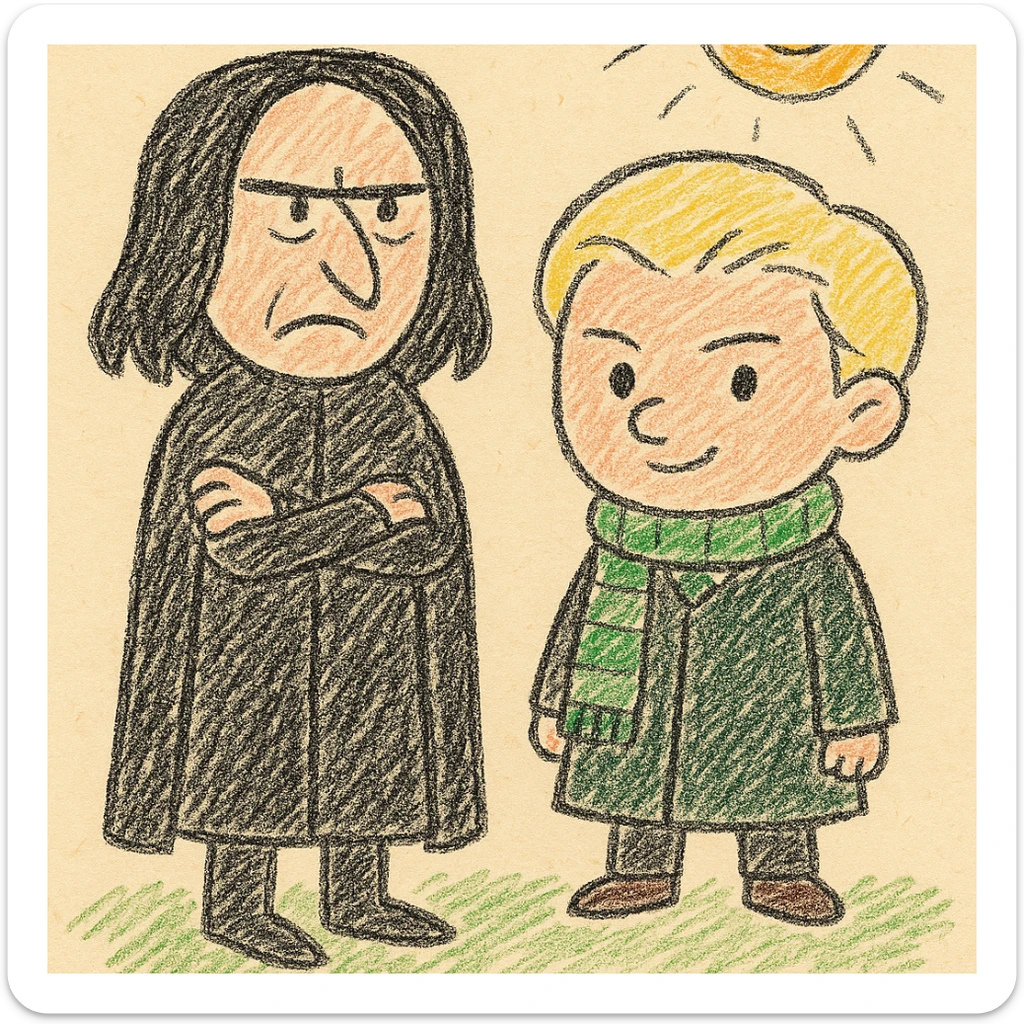 Cute, simplified cartoon illustration of Severus Snape and Draco Malfoy standing side by side, full body. Snape with straight black hair, serious expression, long black robe. Draco with light blonde hair, slightly arrogant expression, Slytherin robe and green and silver scarf. Bold black lines and soft colors, in the style of hand drawn children's illustration. sticker