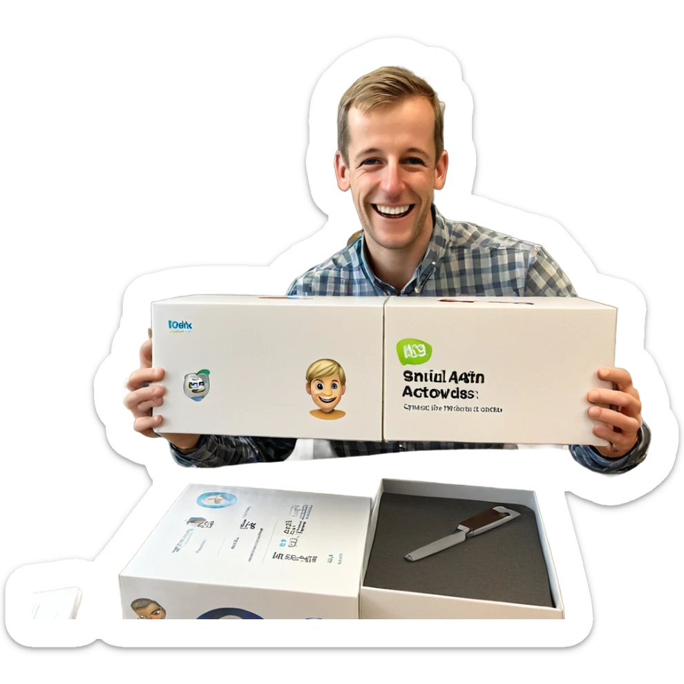 smiling boy with box indoors sticker