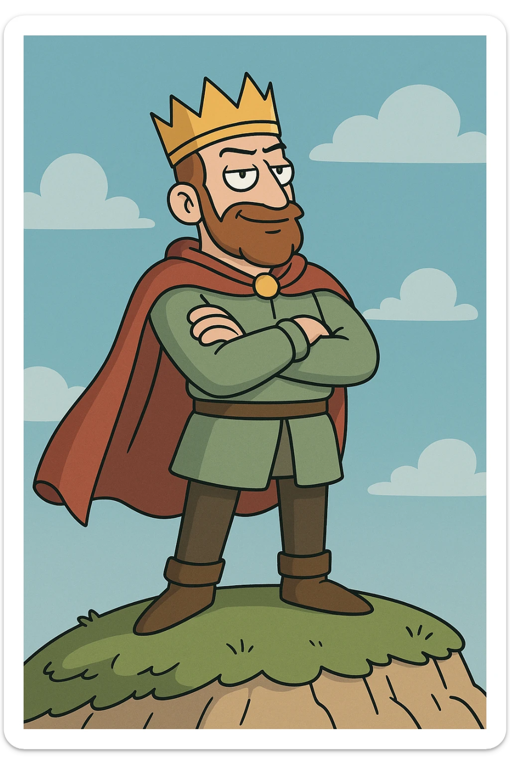 cartoon style, a king with a red cape and golden crown on a hill, arms crossed, confident expression, blue sky sticker