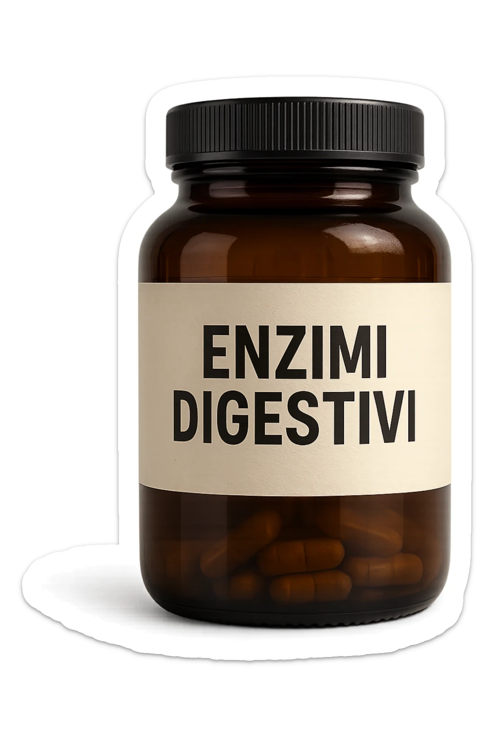 barattolo di integratore con la scritta "ENZIMI DIGESTIVI", iperrealistico 4k sticker