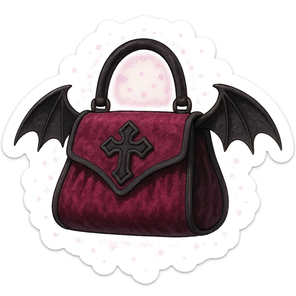 Pink and black gothic purse in Ghibli style, bat wing accents, velvet texture, magical aura, no background sticker