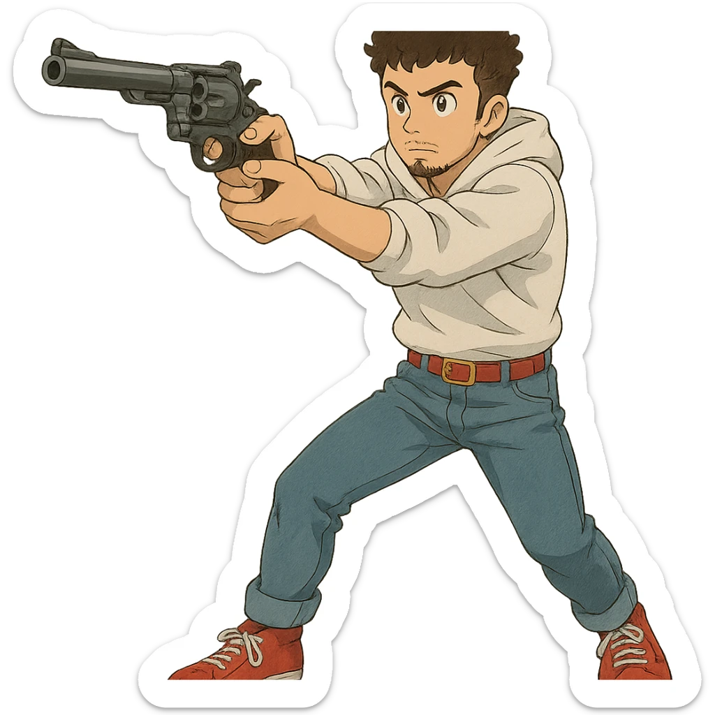 1 male, mid fade haircut dark chestnut brown curly hair, toasted lightskin, white hoodie sleeves up, fashion jeans, red fashion-sneakers shoes, red belt, short trimmed beard and goatee,  style of deku from "my hero academia", drawing a magnum revolver like dirty harry sticker