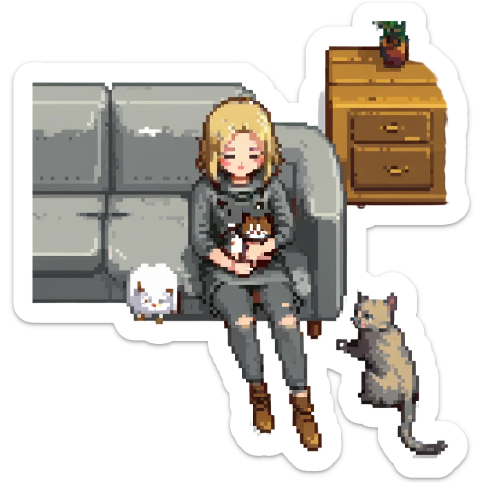 Remix using this girl as the character, petting a gray and blonde mixed cat in pixel art style. The girl is standing and the cat is rubbing against her leg. sticker