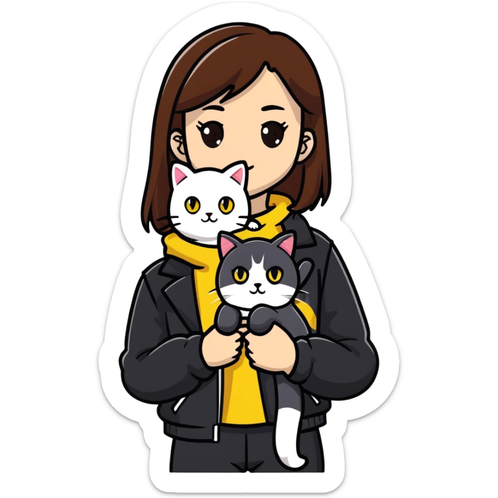 Light-skinned girl with brown straight hair wearing a black jacket, with a white cat with yellow eyes and a calico cat sticker