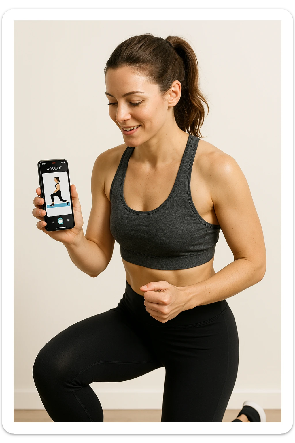 donna su sfondo isolato che fa workout tramite app fitness. in italiano sticker