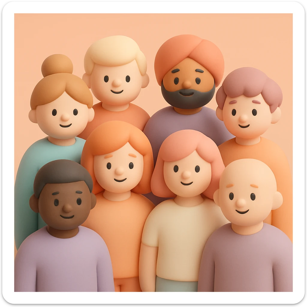 a group of diverse people standing together, mochi style, soft pastel colors, rounded shapes, friendly expressions sticker