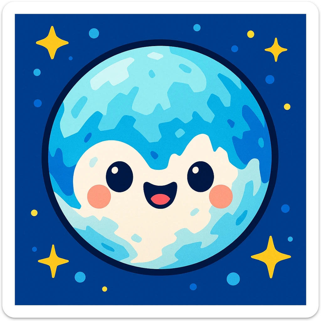 Pluto as a planet, cartoon style, cute face, icy blue and white colors sticker