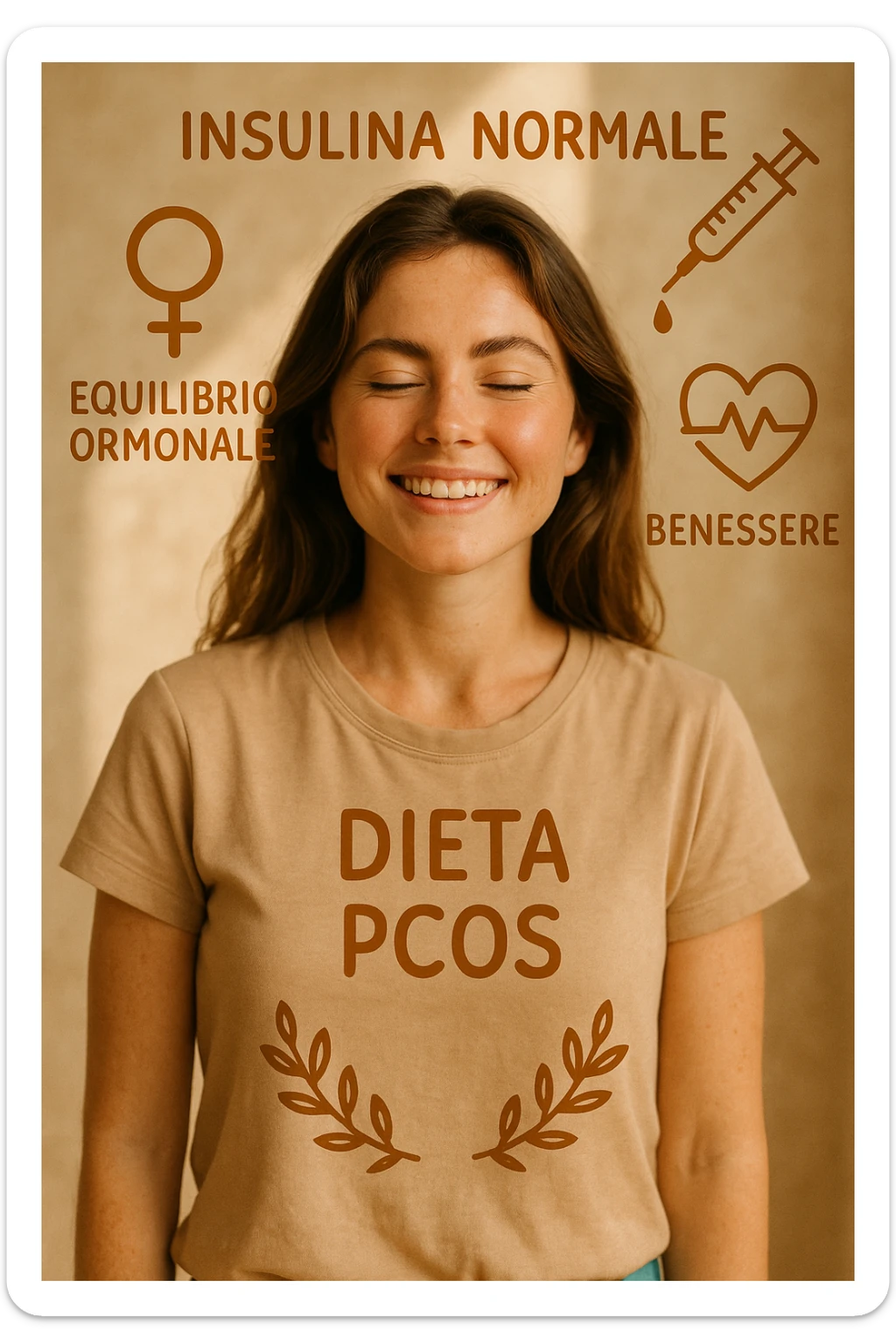 vertical realistic image of a smiling and healthy woman with normal insulin levels thanks to a specific diet for PCOS, symbols of hormonal balance and well-being, warm lighting, Italian captions, aspect ratio 2:3 sticker