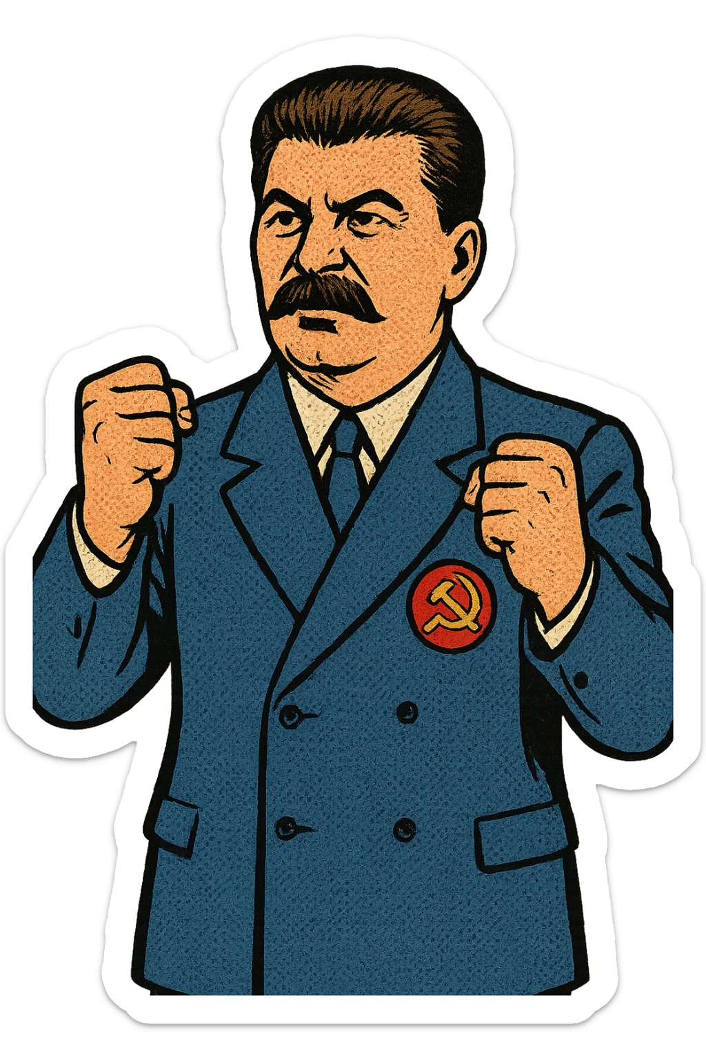 A full body image of a political leader who looks like Joseph Stalin and who is wearing a blue suite with a large badge of the communist party on his jacket.  He will look determined and showing his fists sticker