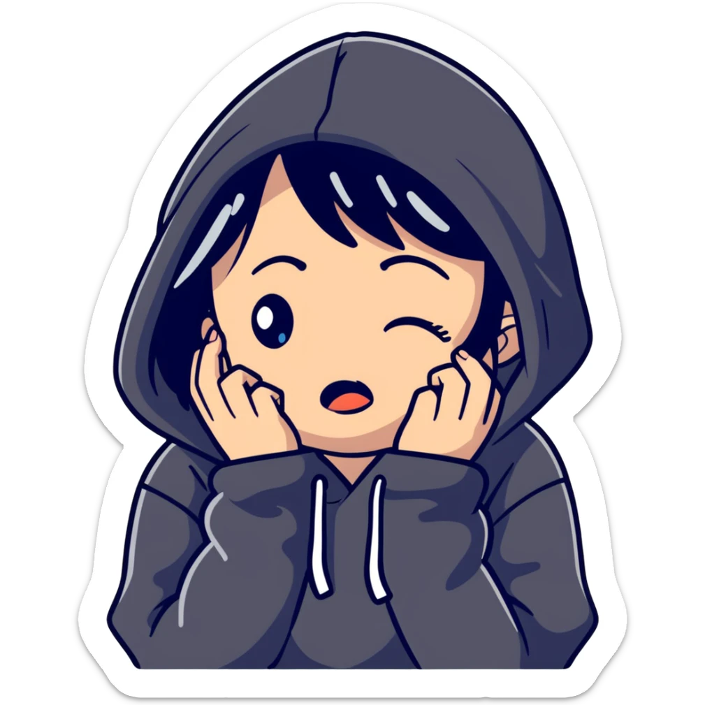 girl with black hair crying wearing a black hoodie sticker