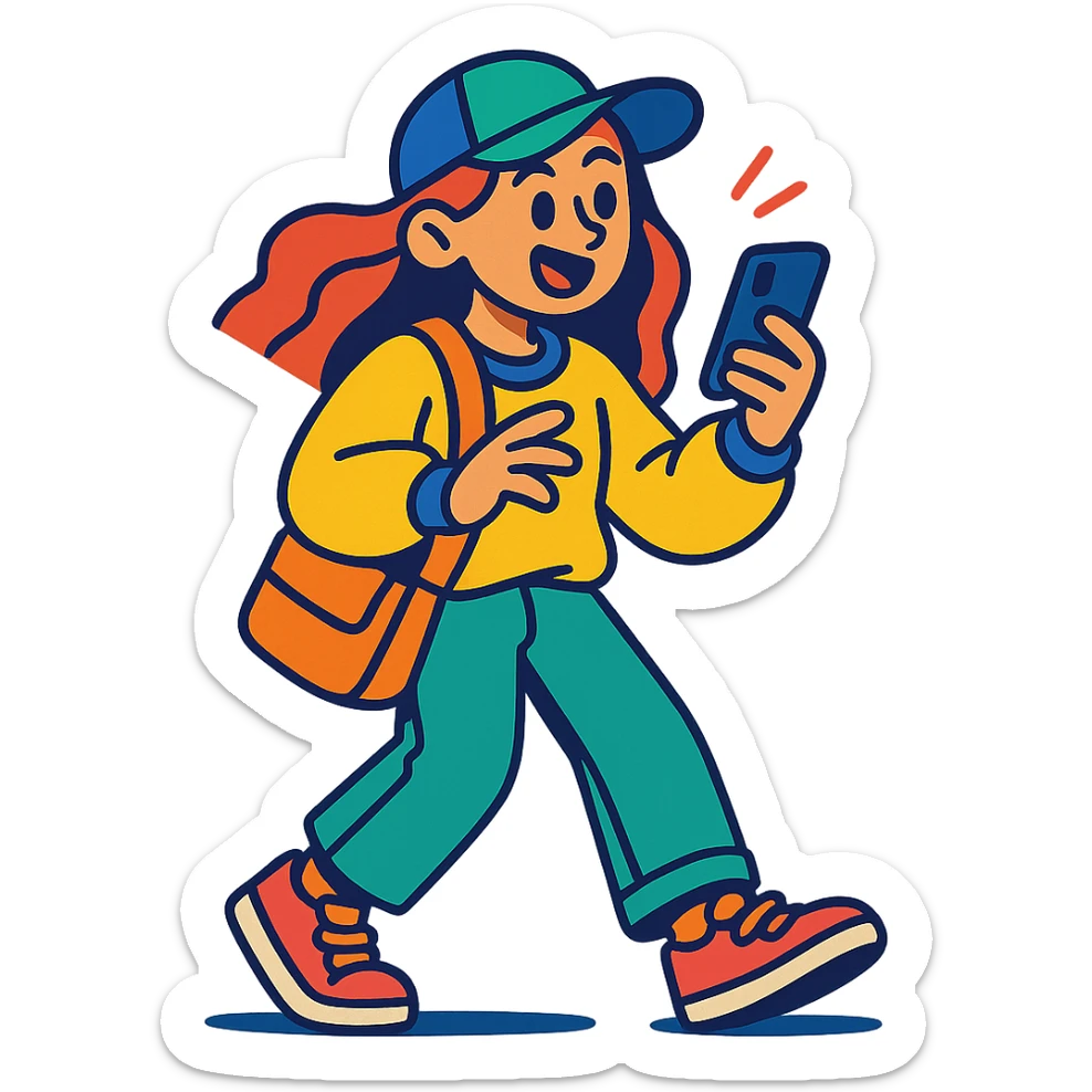 z generation girl, casual streetwear, holding smartphone, lively atmosphere sticker