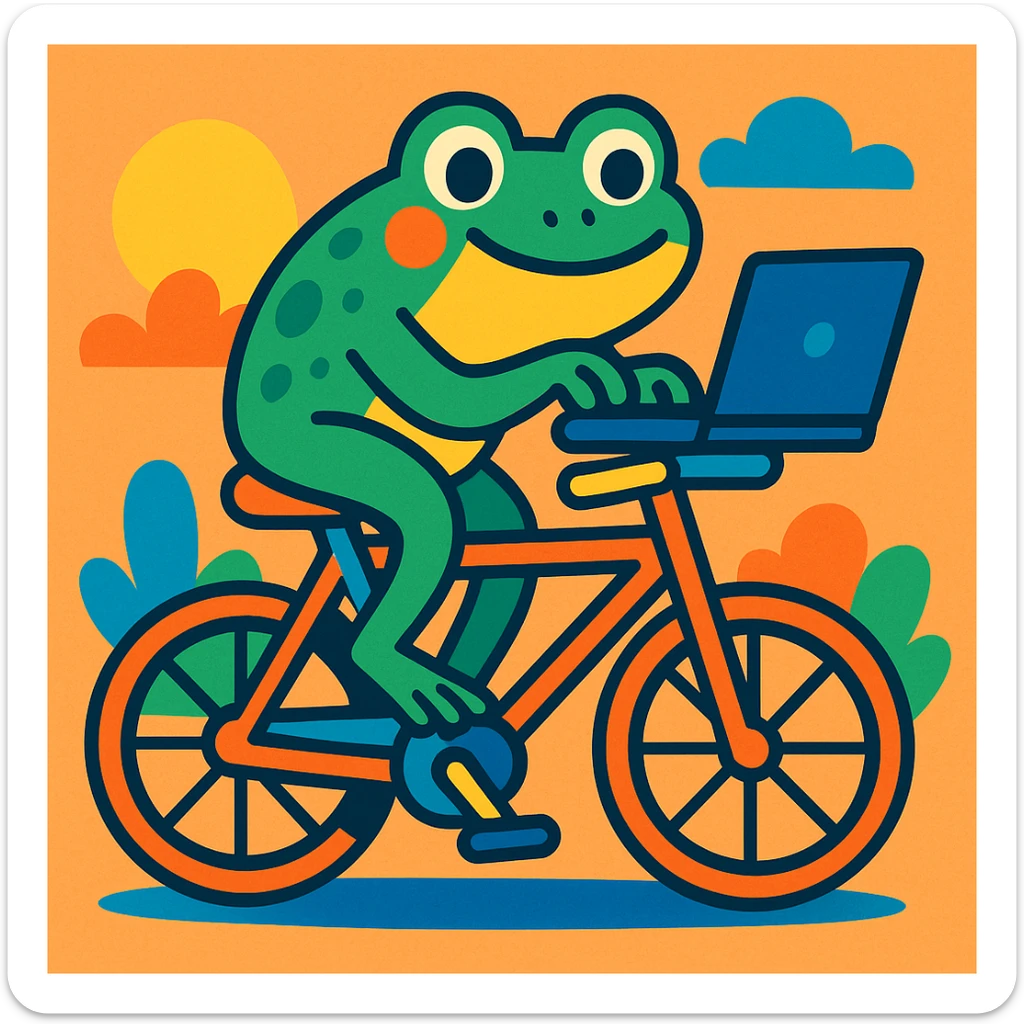 a frog riding a bike and typing on a laptop, cartoon style, colorful and playful illustration sticker