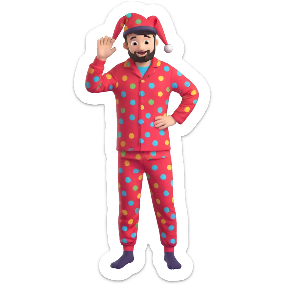 Redesign the psychiatric clinic patient character to look less childish and more like a funny adult. Keep the #6fe8f3 pajamas, add a quirky adult face with stubble or messy hair, and maintain humorous details like mismatched socks or a silly hat. Avoid a childish look. Maintain the playful 3D style. sticker