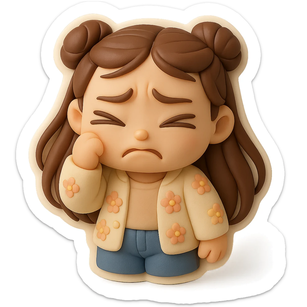 3D chibi fondant cake art style, high-quality rendering with smooth shadows and soft gradients. Girl based on reference image (preserve facial features), long brown hair in two space buns, brown eyes, jeans, pastel floral cardigan, thick white outline like a sticker, transparent background. Closing her eyes in fear. Make sure her appearance matches previous stickers. sticker