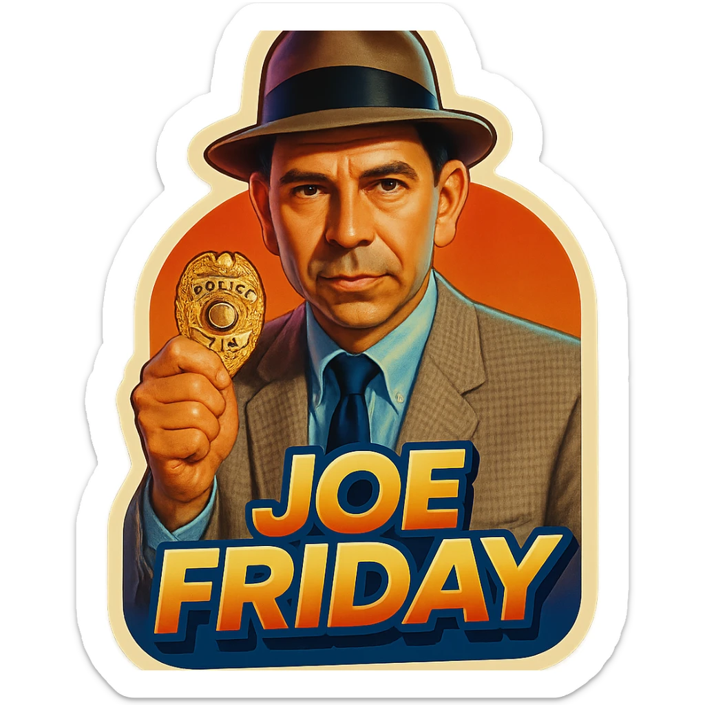 poster of Joe Friday inspired by the reference photo, retro stickers style, holding a police badge sticker