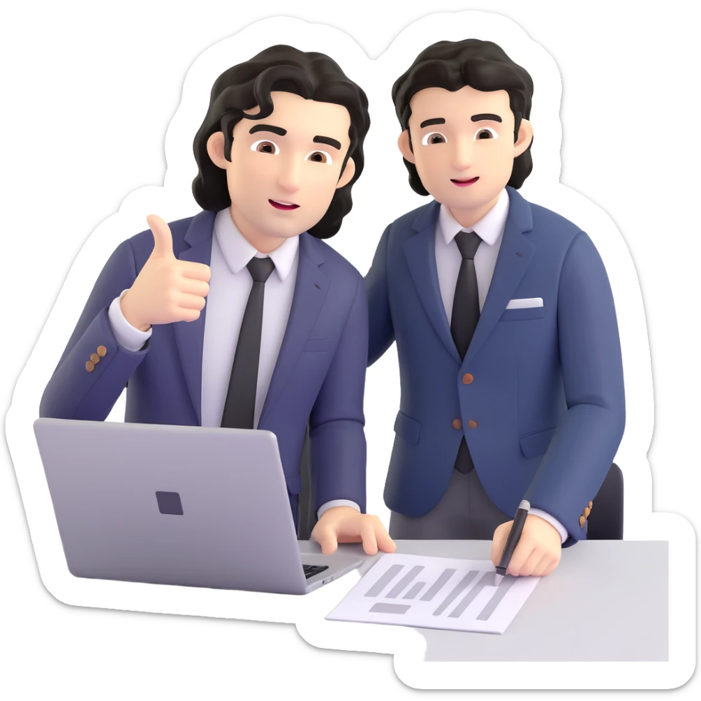 Business strategist with black wavy hair, stubble, chiseled face, wearing blazer and button-up shirt, mentoring a younger professional, leaning forward with engaged expression, pointing at document or laptop, in a one-on-one coaching session sticker