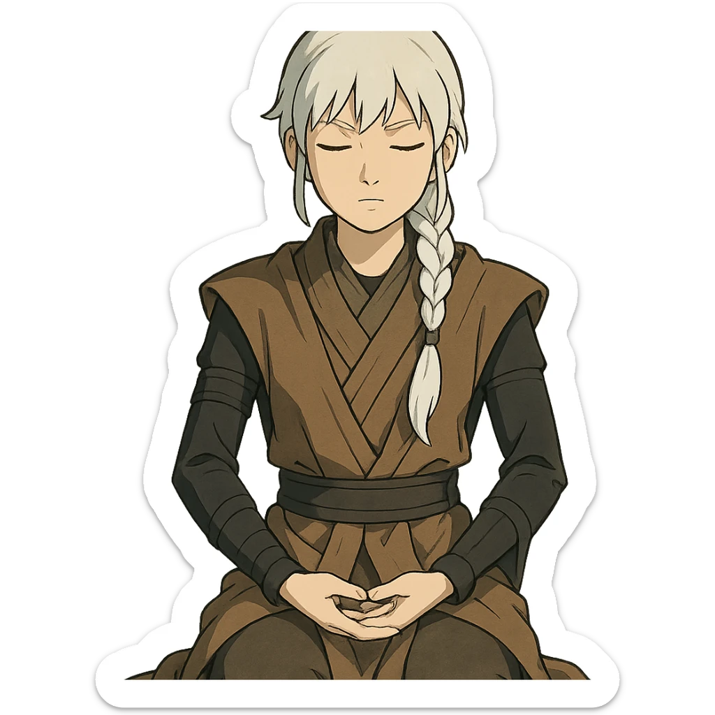  a closeup portrait of young woman with gold yellow eyes, white hair, long braid, black off-shoulder top, punk gothic style, futuristic cyberwave cyberpunk,  jedi attire, kneeling and gathering chi, jedi meditate, eyes closed hands at full rest. original republic jedi robes padawan sticker