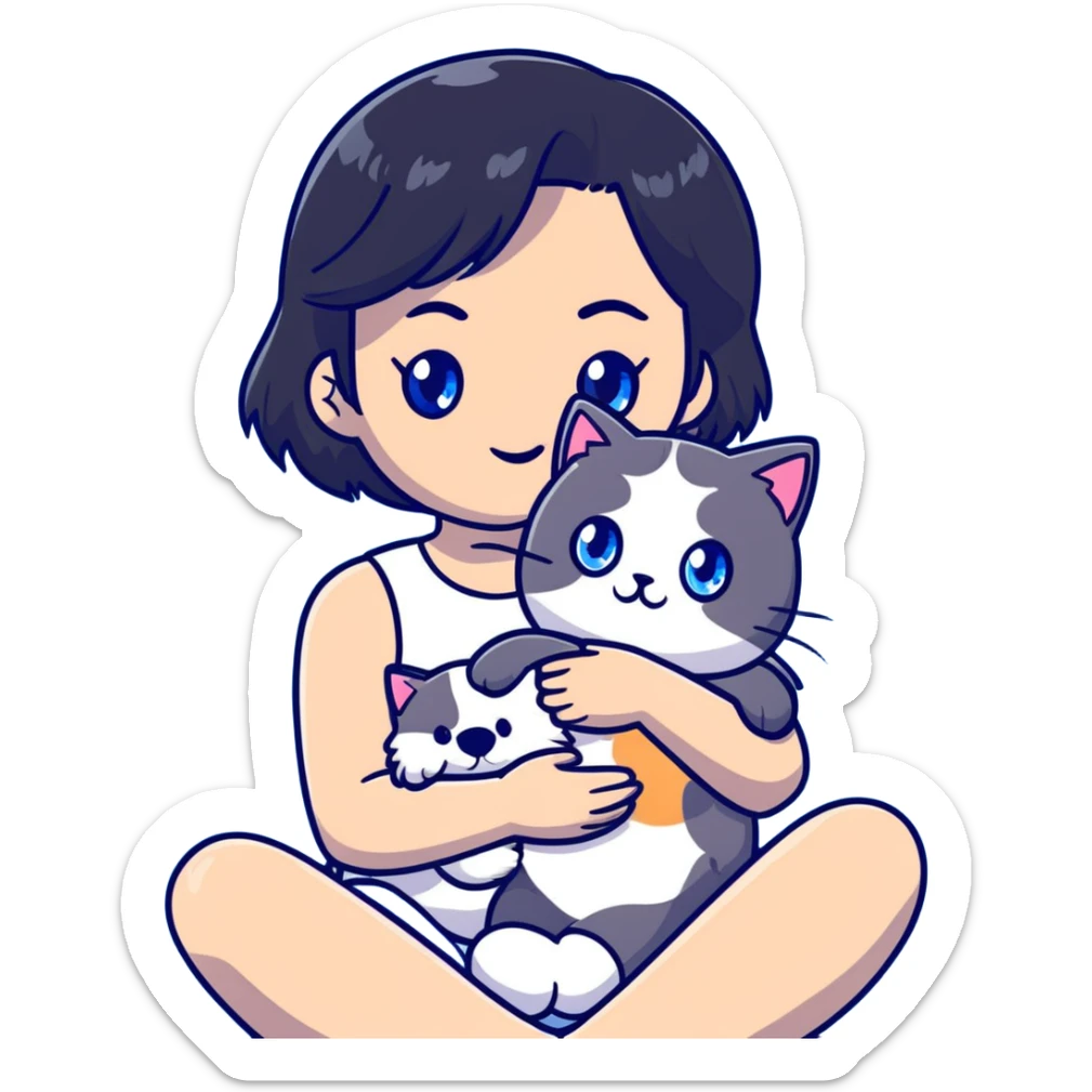 Cute Asian girl with black hair cradling a fluffy ragdoll cat with blue eyes sticker