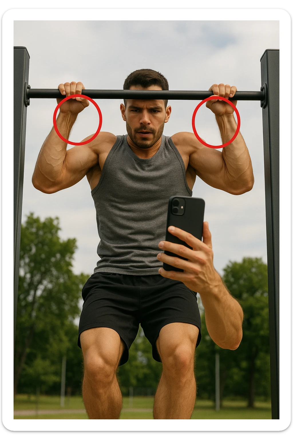uomo che fa Muscle up e si sta filmando davanti con il telefonino per vedere la sua posizione dei gomiti e delle mani sulla sbarra, fai dei cerchi per indicara i gomiti sticker
