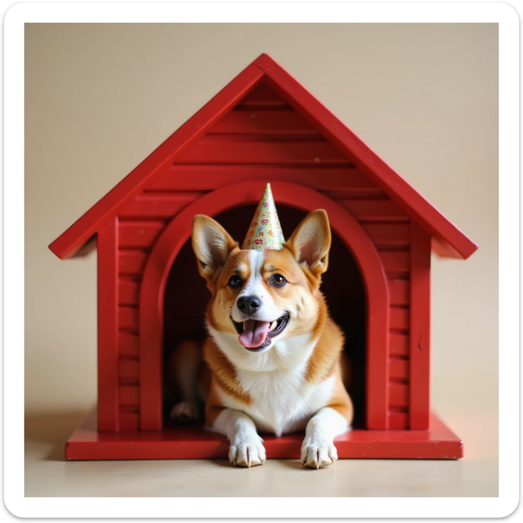 realistic red dog house with a Corgi dog inside, Corgi with a party hat, photorealistic style sticker