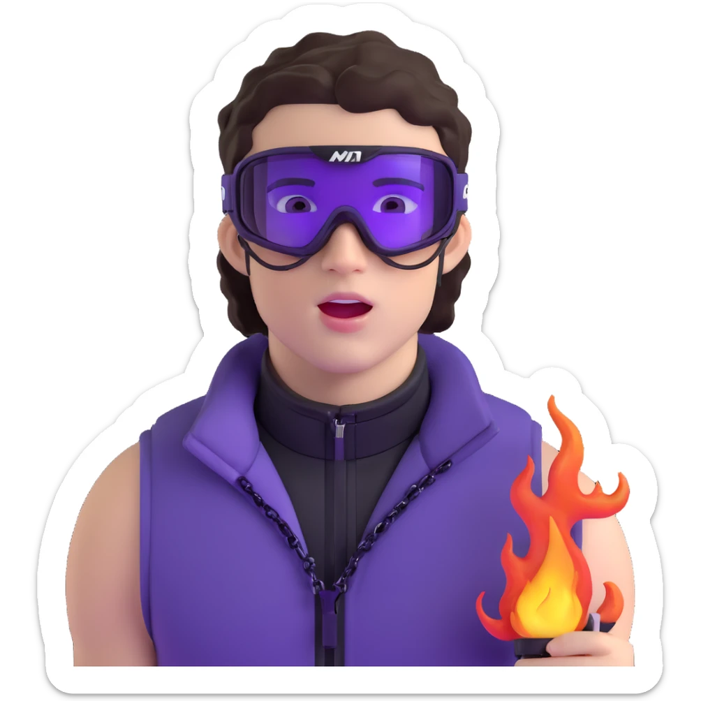 close-up of bad guy male athlete with white skin and moderately curly dark brown hair on top with shaved sides, wearing ski goggles with purple frames and very dark black lenses, a simple plain black chain necklace, and a completely unzipped sleeveless vest with purple and black sequin fire pattern design with no logo, with an extremely arrogant expression sticking his tongue out mockingly, looking menacing and villainous sticker