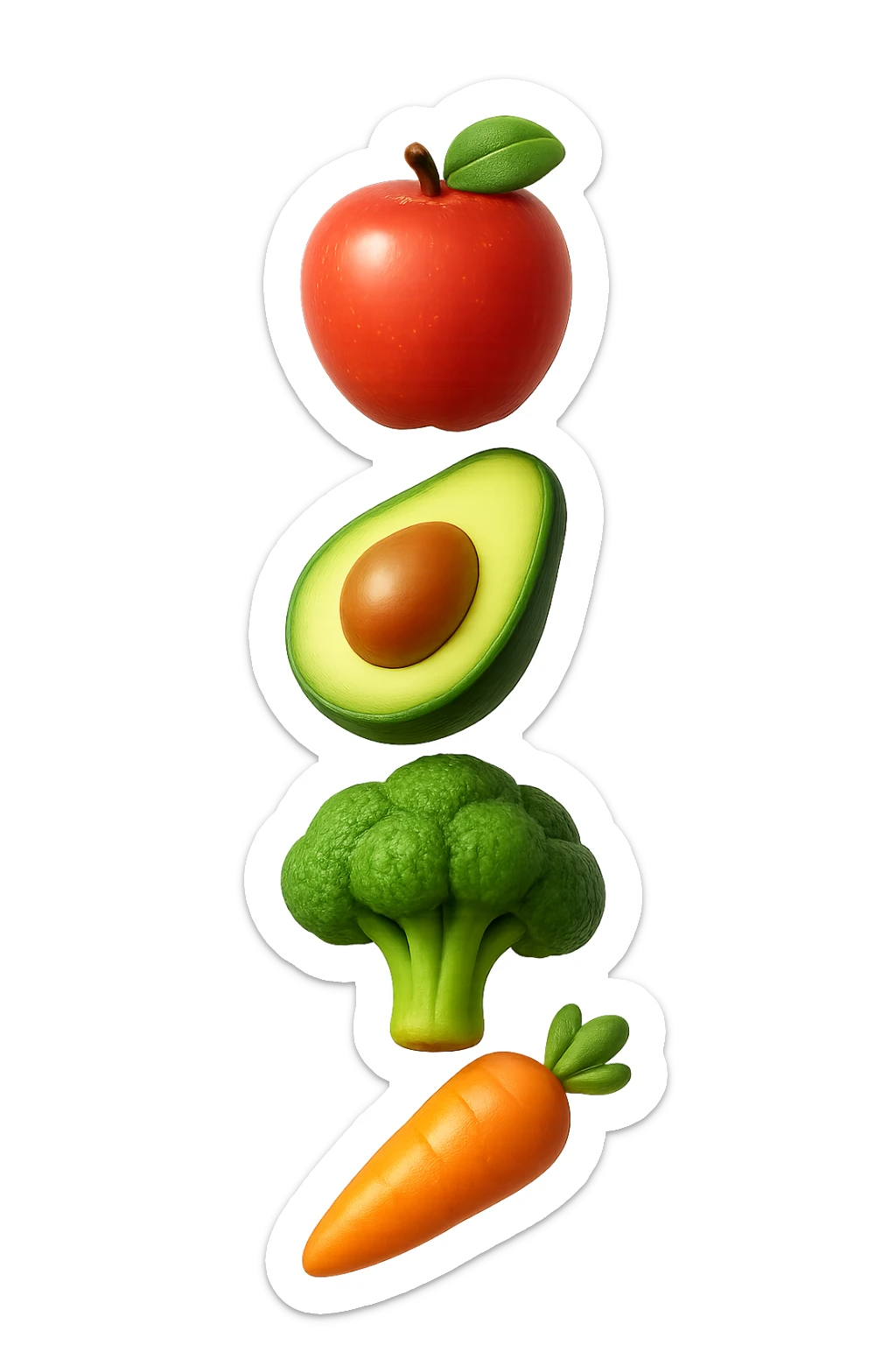 emoji stile iphone in 3d di cibo sano che fluttua in aria vericalmente, iperrealistico 4k sticker