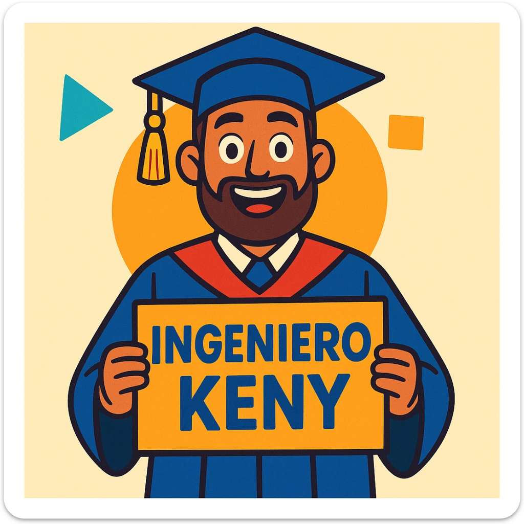 un graduado universitario barbudo con birrete y toga, mostrando un letrero que dice INGENIERO KENY, estilo cartoon vibrante, colores vivos, fondo claro sticker