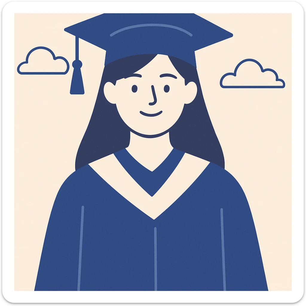 girl with long brown hair smiling wearing graduation hat and robe, clean modern illustration style sticker