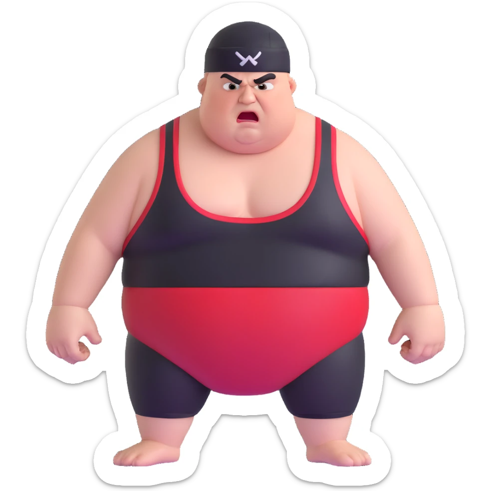 Close-up of white skin fat guy no muscle with prominent black durag, completely shaved face, no beard or mustache, black eyes in a red and black wrestling singlet with angry face sticker