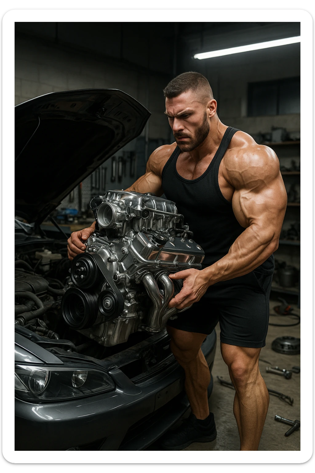 a muscular bodybuilder in gym attire stands next to a car with the hood open, lifting a large, shiny, high-performance engine with ease. His expression is focused and determined as he installs the new engine. The background is a modern garage, with tools and car parts scattered around, emphasizing strength and mechanical skill. sticker