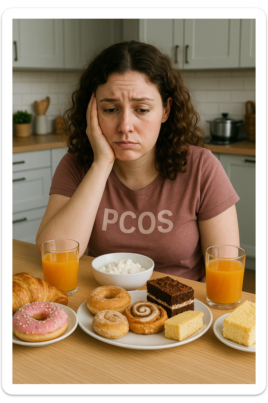 Donna con pcos, con colazione sbilanciata ricca di zuccheri e con poche proteine sticker