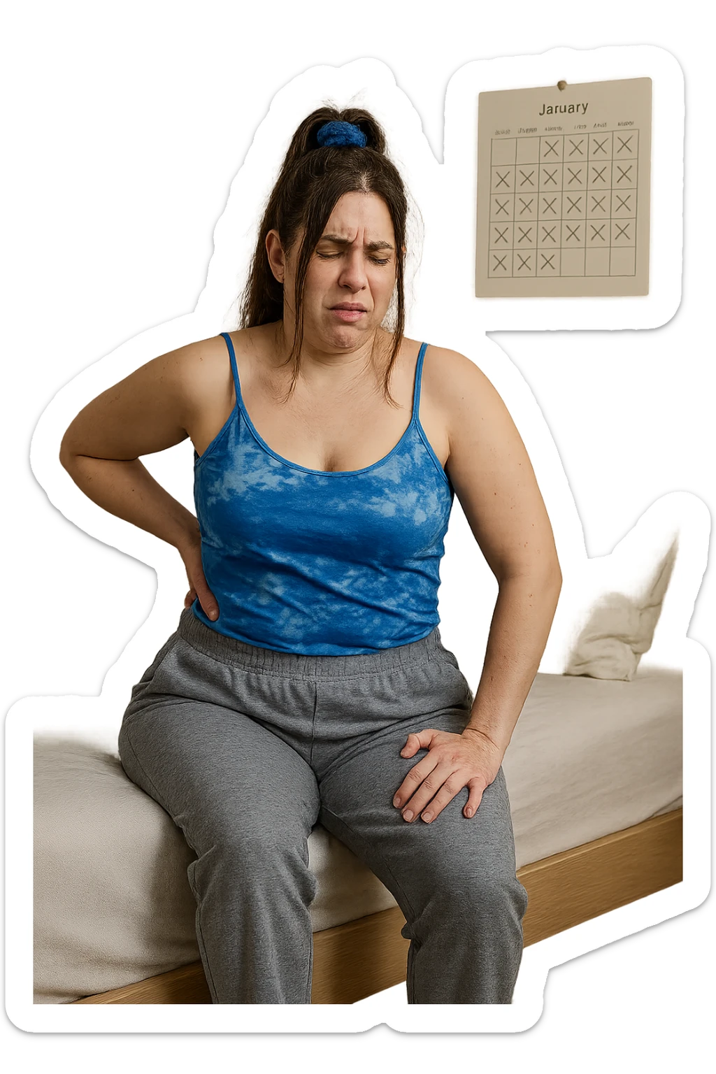 a woman in her 30s sits on the edge of her bed in the morning, holding her lower back with a pained expression. Subtle visual cues, like uneven shoulders or hips, hint at postural asymmetry. The room is softly lit, and a calendar on the wall shows months crossed off, symbolizing chronic pain over the years. sticker