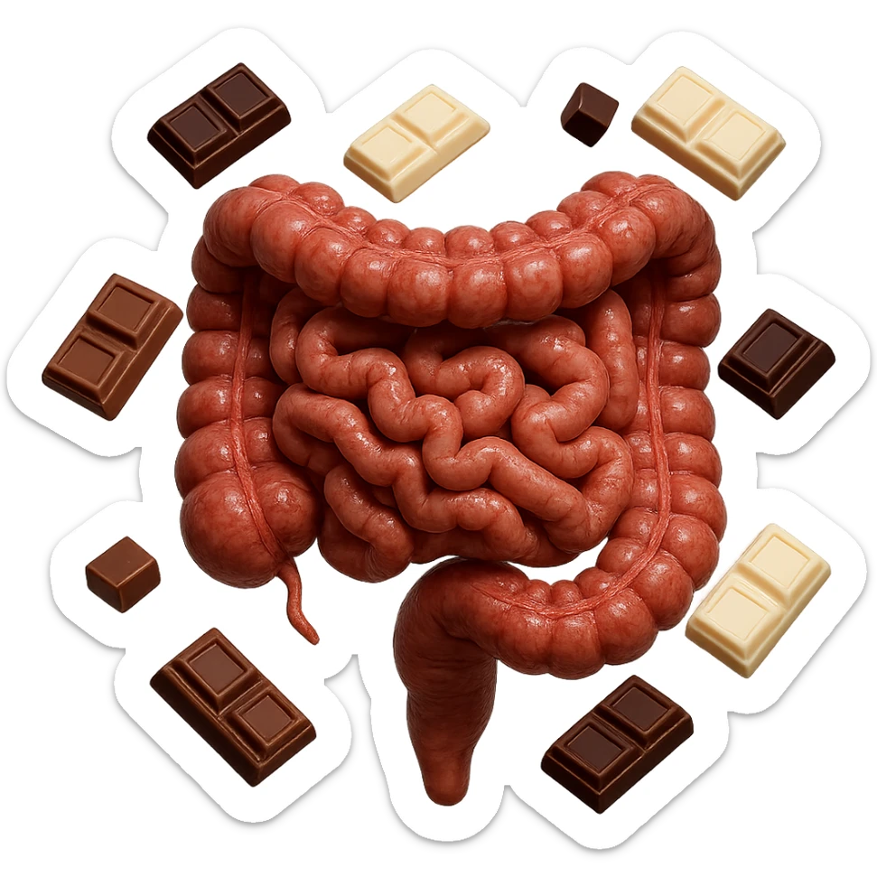 pezzetti di cioccolato fondenti, al latte e bianchi fluttuano intorno ad un intestino umano anatomico realistico, IPERREALISTICO 4K sticker