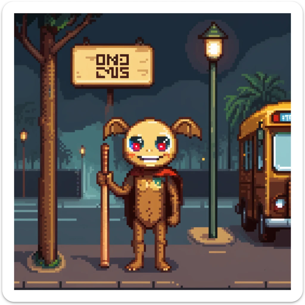 humanoid wooden club with big cartoon eyes and wide smile, barefoot, standing at a dark street bus stop under dim streetlight, holding a bat, background sign 'Pentung Pos Ronda' sticker