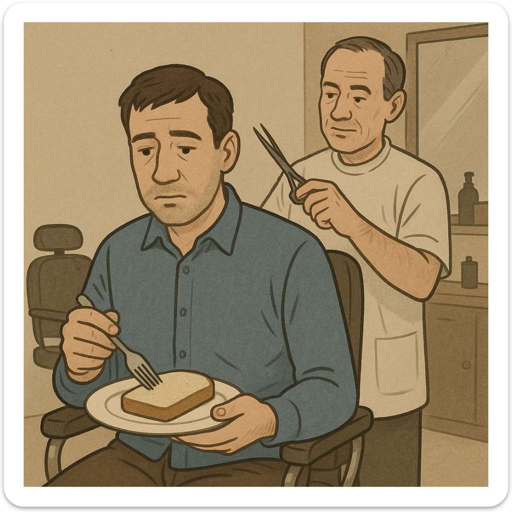 sartarosh xona bunaqa zur darajada bulmasin keyin shunchaki tarelka v vilka ushlab utirsin tarelkada esa faqat non bulsin kayfiyati xam urtacha bulsin xursan bob ketmasin sticker