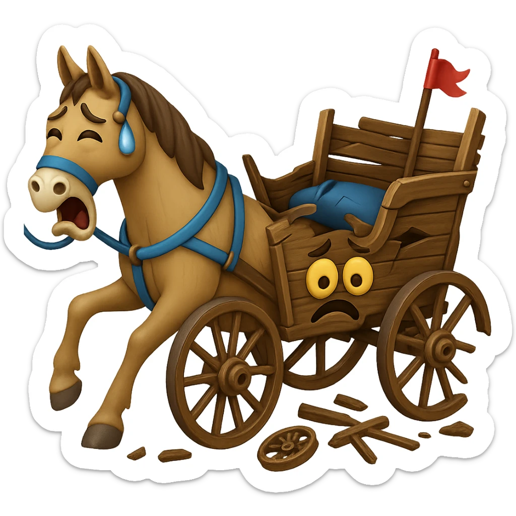Make the horse cart look broken and add funny, exaggerated emoji expressions to the horse and cart. Keep the style consistent. The style is emoji style. Keep the background transparent. sticker