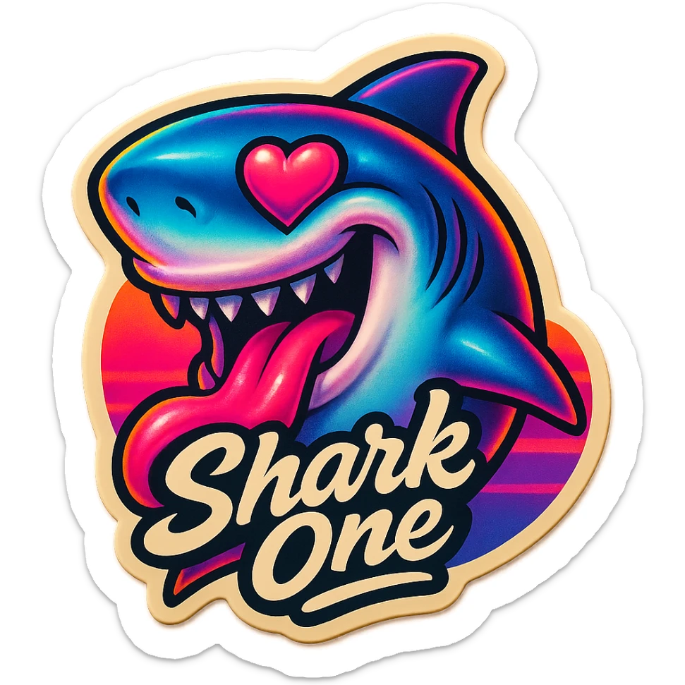 tongue out heart shaped eye add the words “ Shark One " in White sticker